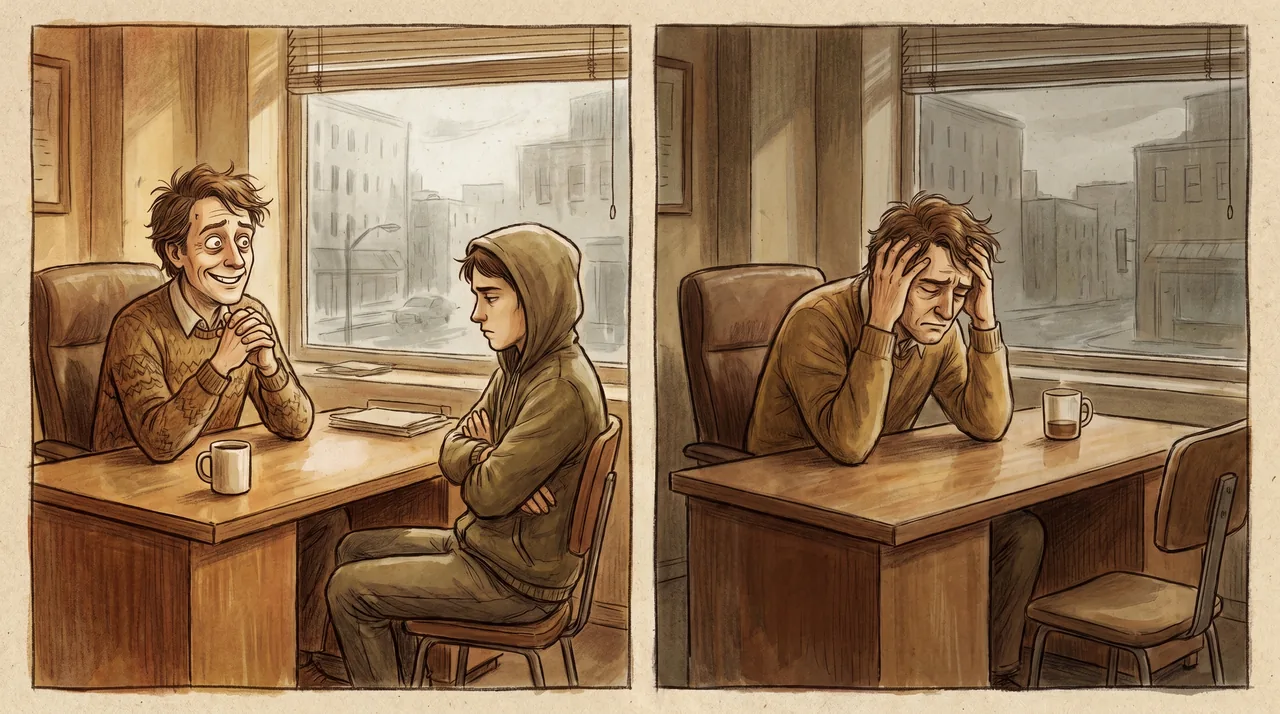 Left: a new manager across the desk from a tense direct report, the manager frozen and saying so, how is everything going. Right: the same manager later, alone at the desk, that went nowhere again.