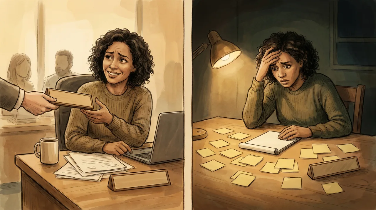 Left: a person being handed a 'Manager' nameplate at a desk, smiling but uncertain. Right: the same person alone at the desk that night, surrounded by sticky notes, what do I even say to them.